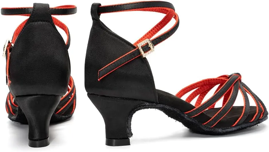 Women Latin Dance Shoes Satin Ballroom Salsa Professional Practice Dancing Shoes, Model EM-217GB-5