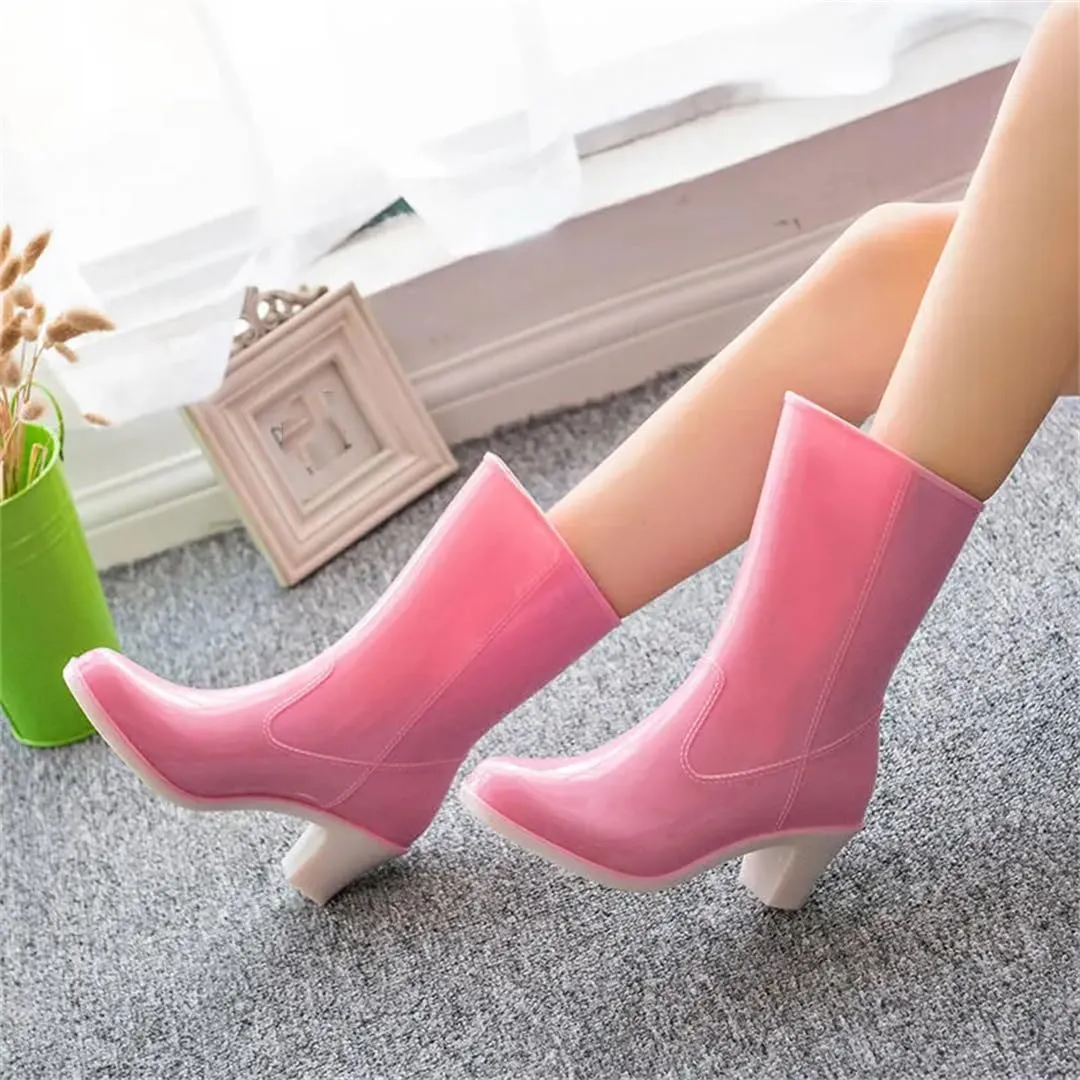 Women Outdoor Mid-Tube Waterproof Rain Boots PVC High-Heeled Rain Boots Korean Version All-Match