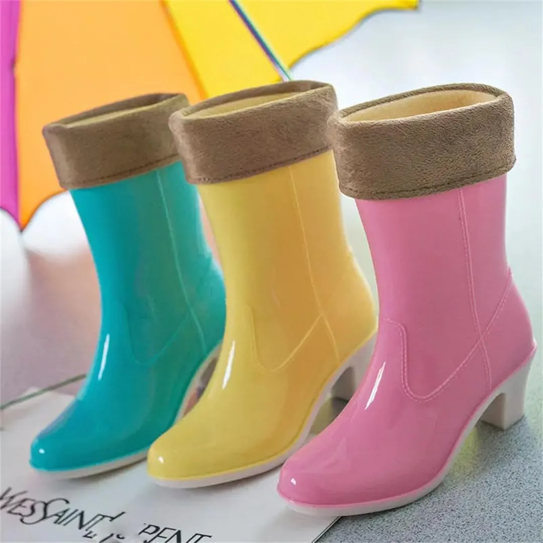Women Outdoor Mid-Tube Waterproof Rain Boots PVC High-Heeled Rain Boots Korean Version All-Match