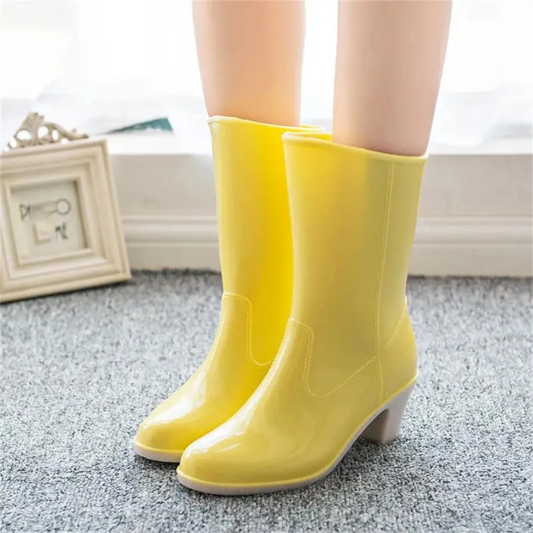 Women Outdoor Mid-Tube Waterproof Rain Boots PVC High-Heeled Rain Boots Korean Version All-Match