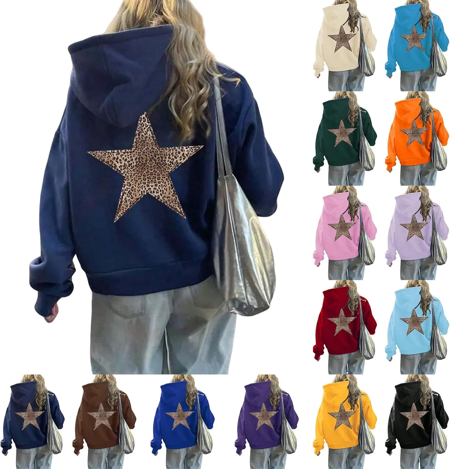 Women Oversized Sweatshirt Leopard Star Hoodies Casual Long Sleeve Sweaters Thick Warm Tops Coat Fashion Fall Clothes