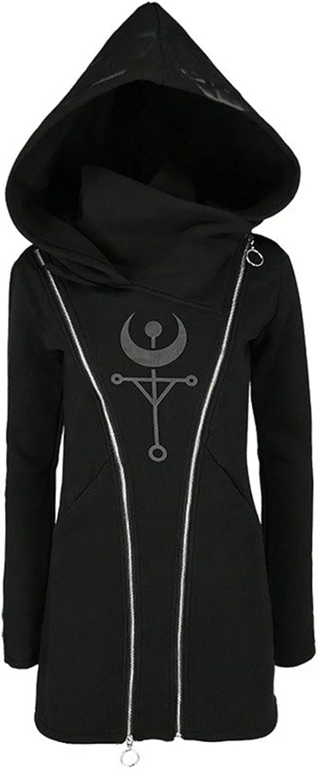 Women Punk Gothic Sweatshirt Witchcraft Moon Long Hoodie Oversized Long Sleeve Zip Up Hoodie