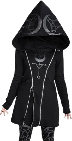 Women Punk Gothic Sweatshirt Witchcraft Moon Long Hoodie Oversized Long Sleeve Zip Up Hoodie