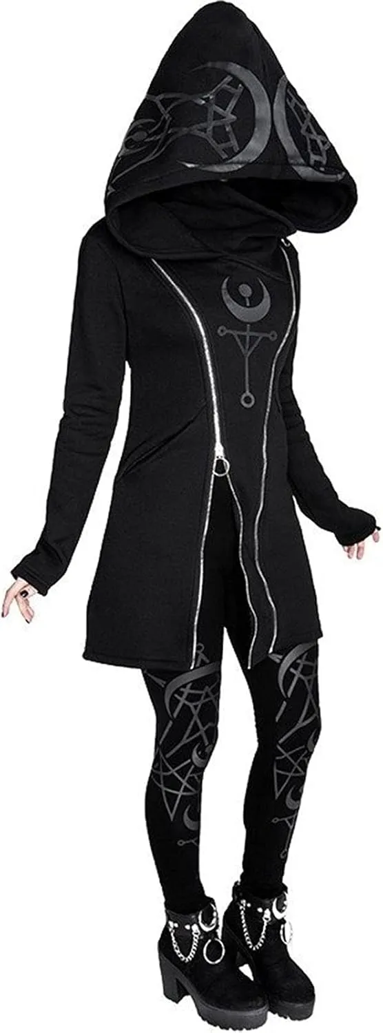 Women Punk Gothic Sweatshirt Witchcraft Moon Long Hoodie Oversized Long Sleeve Zip Up Hoodie