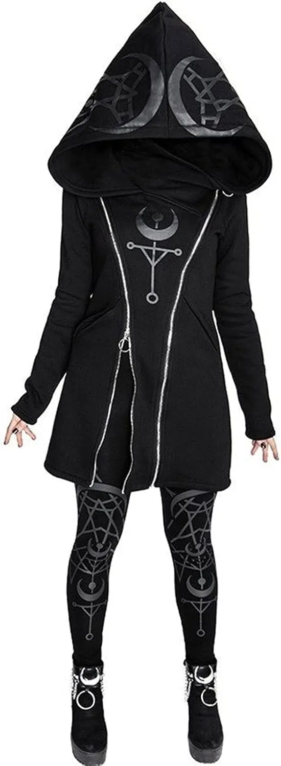 Women Punk Gothic Sweatshirt Witchcraft Moon Long Hoodie Oversized Long Sleeve Zip Up Hoodie
