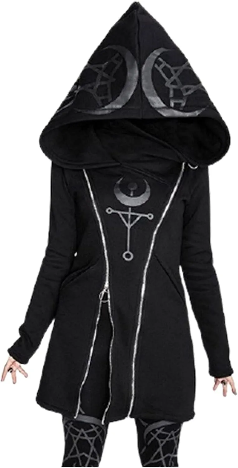 Women Punk Gothic Sweatshirt Witchcraft Moon Long Hoodie Oversized Long Sleeve Zip Up Hoodie
