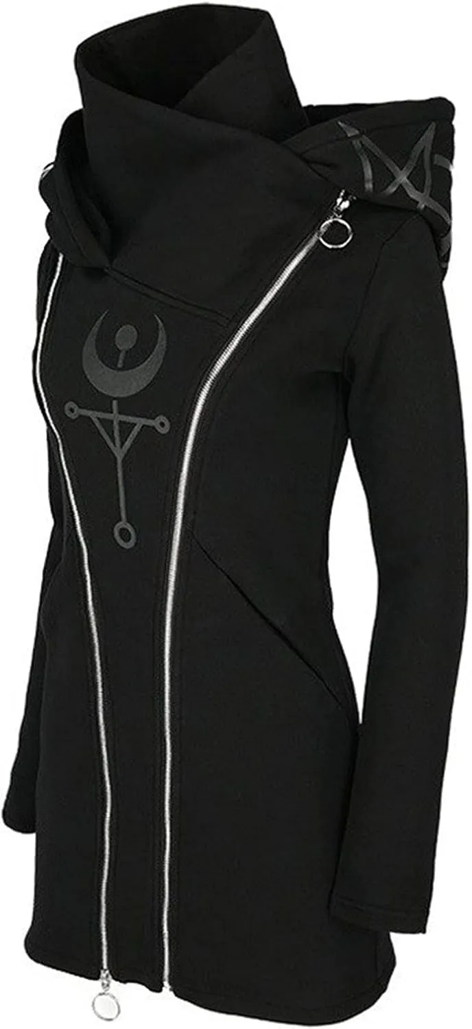 Women Punk Gothic Sweatshirt Witchcraft Moon Long Hoodie Oversized Long Sleeve Zip Up Hoodie
