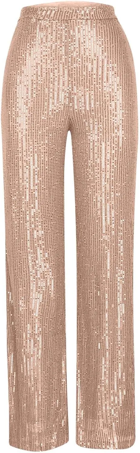 Women Sequin Pants High Waist Wide Leg Pants Long Glitter Palazzo Culottes Bling Party Clubwear Pants Fashion Trousers