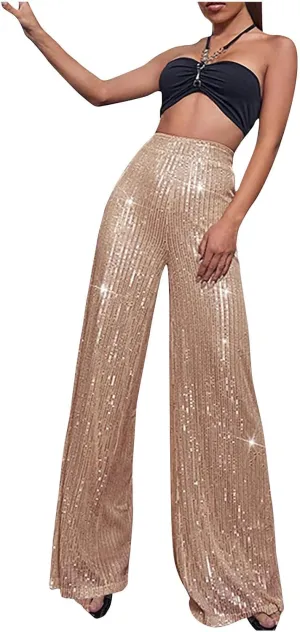 Women Sequin Pants High Waist Wide Leg Pants Long Glitter Palazzo Culottes Bling Party Clubwear Pants Fashion Trousers