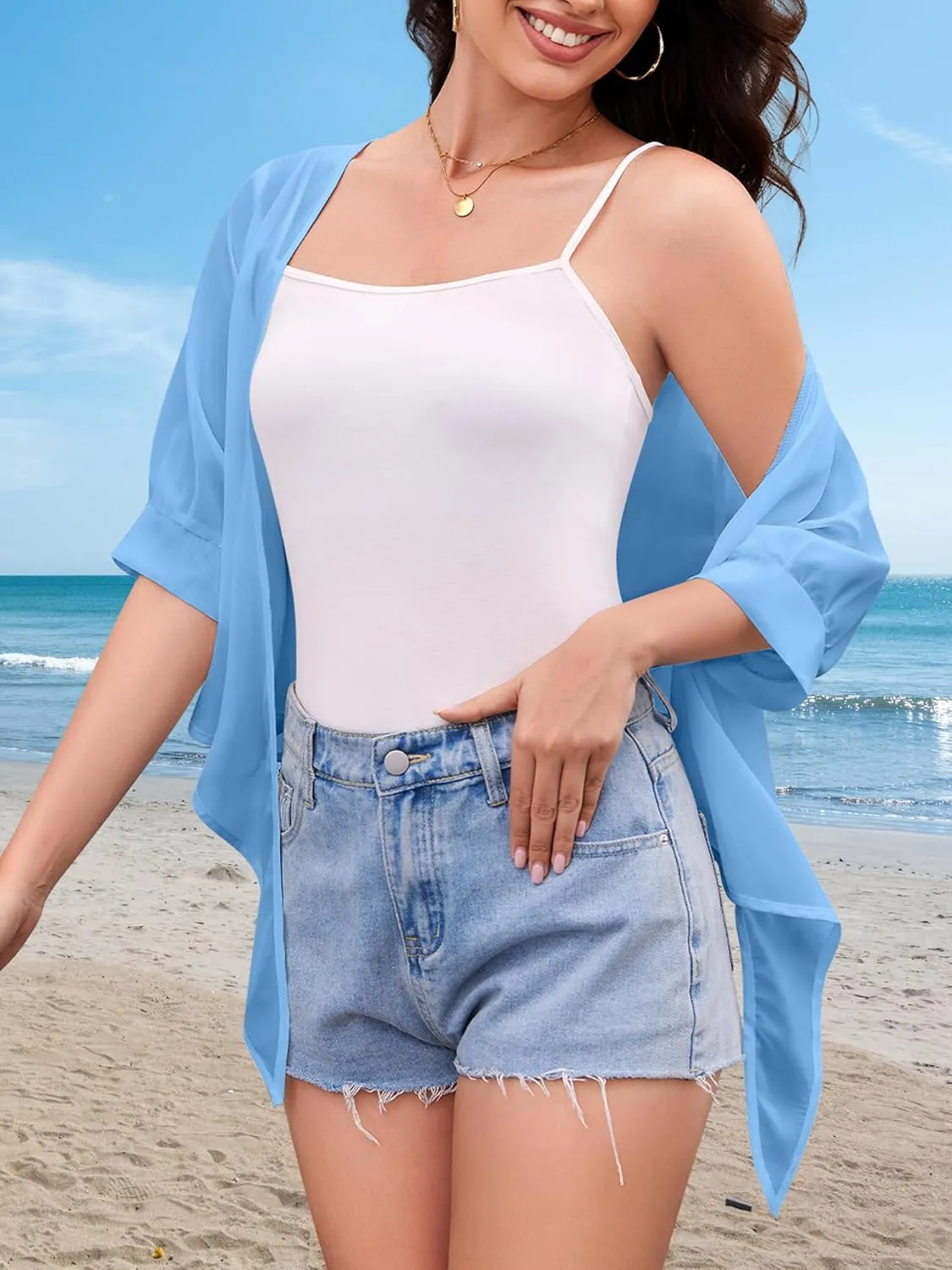 Women Shrug Cardigans Soft Chiffon Summer Tops 3/4 Sleeve Lightweight Cropped Cardigan Tie Front Bolero for Dresses