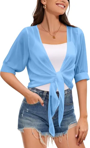 Women Shrug Cardigans Soft Chiffon Summer Tops 3/4 Sleeve Lightweight Cropped Cardigan Tie Front Bolero for Dresses