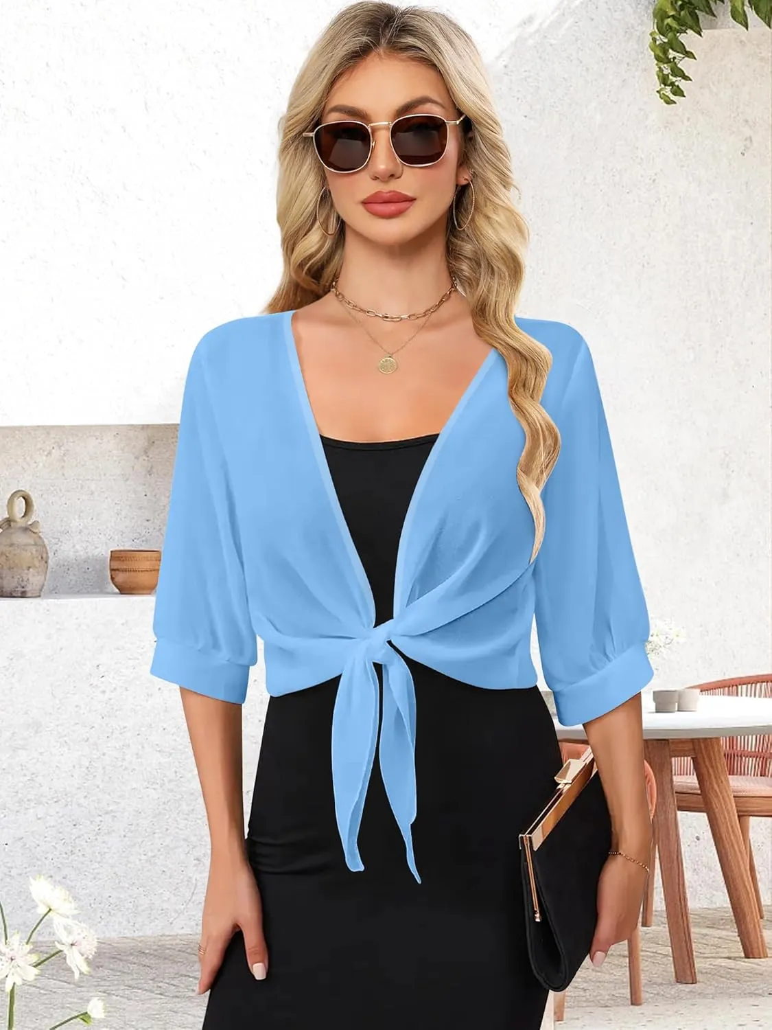 Women Shrug Cardigans Soft Chiffon Summer Tops 3/4 Sleeve Lightweight Cropped Cardigan Tie Front Bolero for Dresses