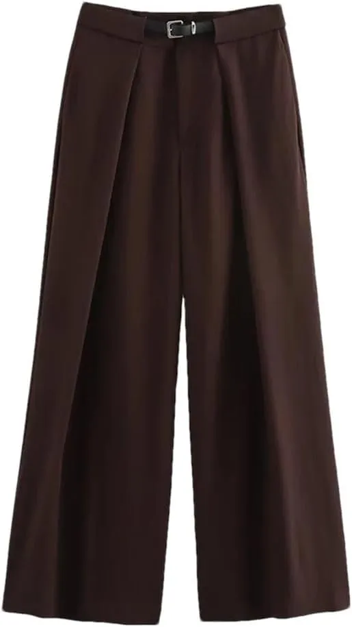 Women V-Neck Unique Vintage Set Side Vents Wasitcoat with Belt Pleated Trousers Ladies Outfits Pants Coffce M