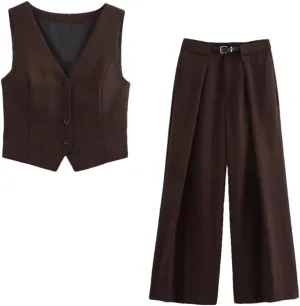 Women V-Neck Unique Vintage Set Side Vents Wasitcoat with Belt Pleated Trousers Ladies Outfits Suit Coffce S