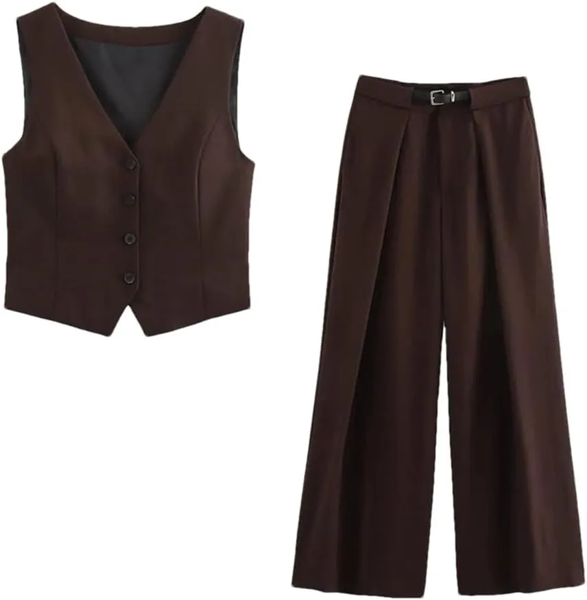 Women V-Neck Unique Vintage Set Side Vents Wasitcoat with Belt Pleated Trousers Ladies Outfits Suit Coffce XS