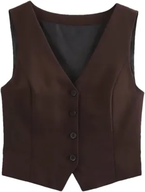 Women V-Neck Unique Vintage Set Side Vents Wasitcoat with Belt Pleated Trousers Ladies Outfits Tops Coffce M