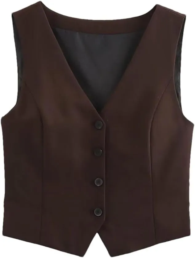Women V-Neck Unique Vintage Set Side Vents Wasitcoat with Belt Pleated Trousers Ladies Outfits Tops Coffce M