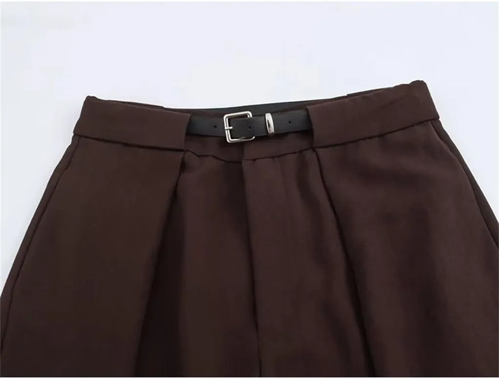Women V-Neck Unique Vintage Set Side Vents Wasitcoat with Belt Pleated Trousers Ladies Outfits