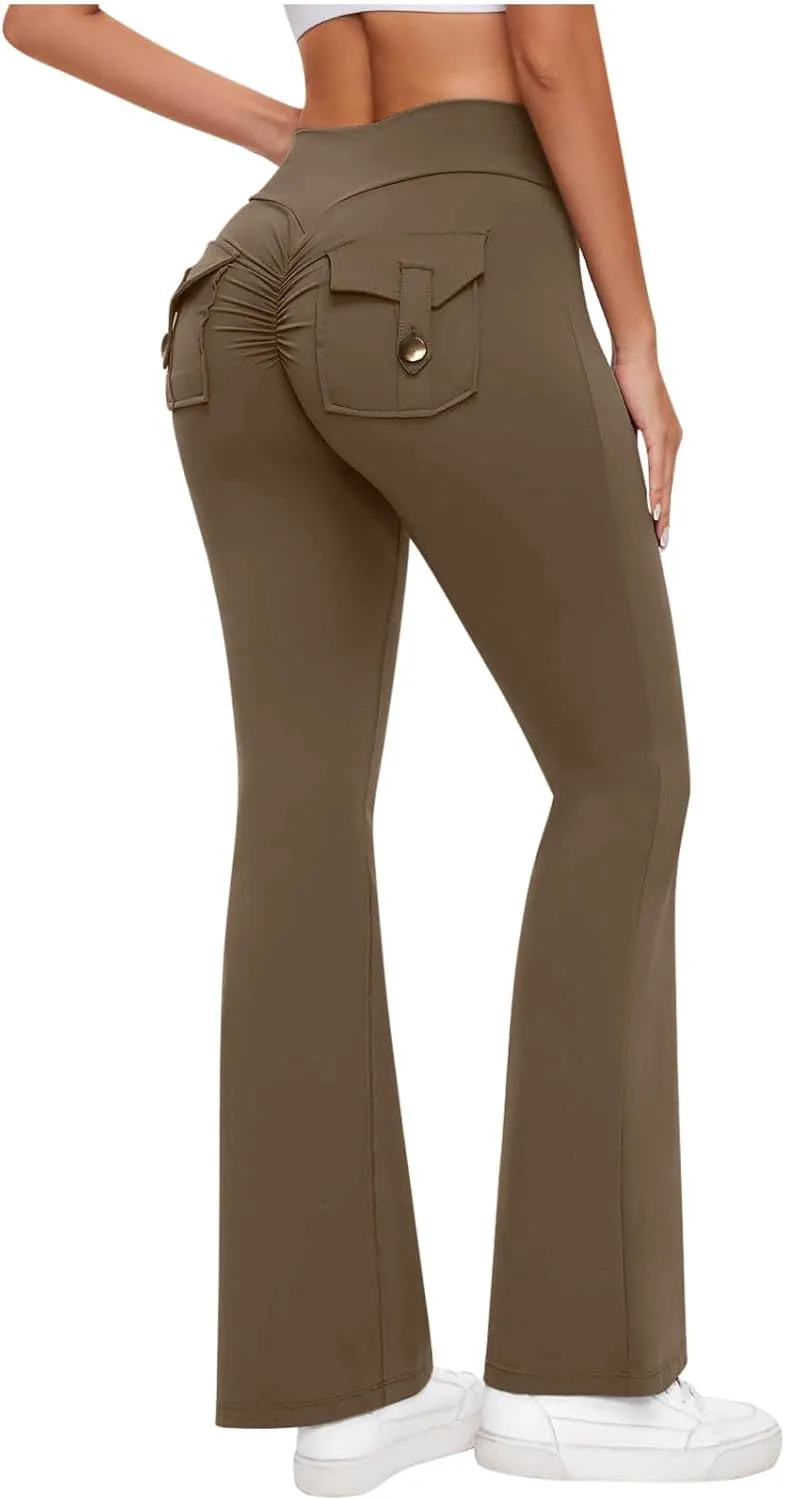 Women Yoga Cargo Pants Stretch Flare Leg Pants Elastic High Waisted Pants Dressy Casual Pants Athletic Workout Pants