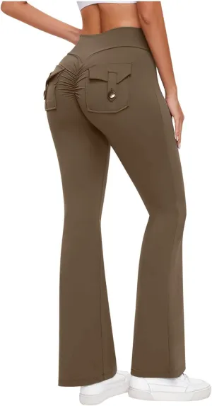 Women Yoga Cargo Pants Stretch Flare Leg Pants Elastic High Waisted Pants Dressy Casual Pants Athletic Workout Pants