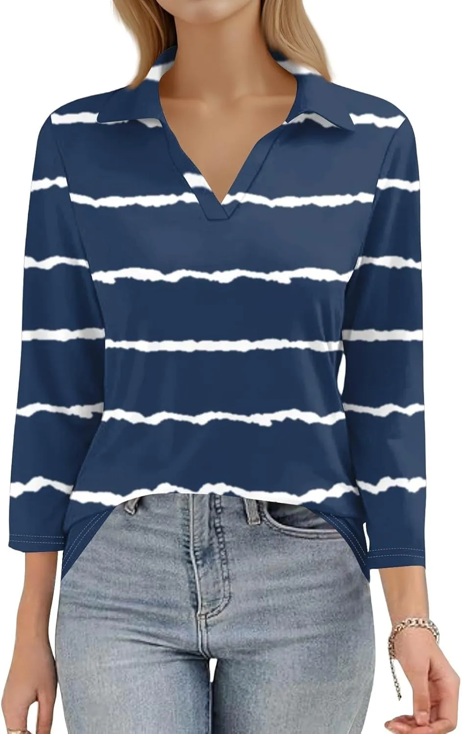 Women's 3/4 Sleeve Shirts V Neck Summer Polo Tops Casual Tunics Tops Basic Tees Blouse Loose Fit Plus Size S-3X