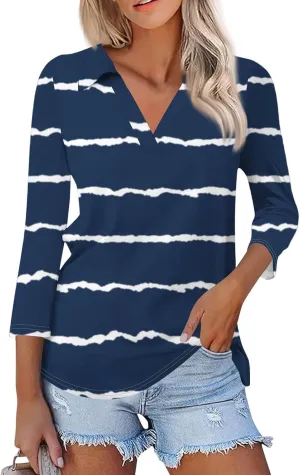 Women's 3/4 Sleeve Shirts V Neck Summer Polo Tops Casual Tunics Tops Basic Tees Blouse Loose Fit Plus Size S-3X