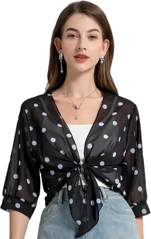 Womens Bolero Shrug Soft Chiffon Tie Front Sheer 3/4 Sleeve Cropped Cardigans for Dress