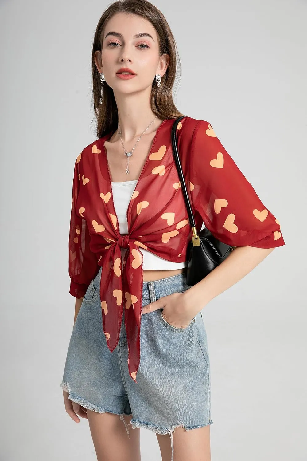Womens Bolero Shrug Soft Chiffon Tie Front Sheer 3/4 Sleeve Cropped Cardigans for Dress