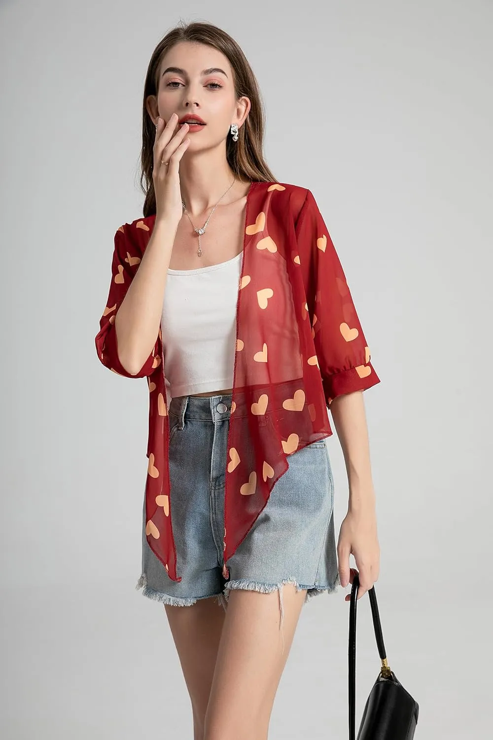 Womens Bolero Shrug Soft Chiffon Tie Front Sheer 3/4 Sleeve Cropped Cardigans for Dress