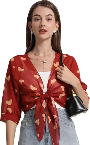 Womens Bolero Shrug Soft Chiffon Tie Front Sheer 3/4 Sleeve Cropped Cardigans for Dress
