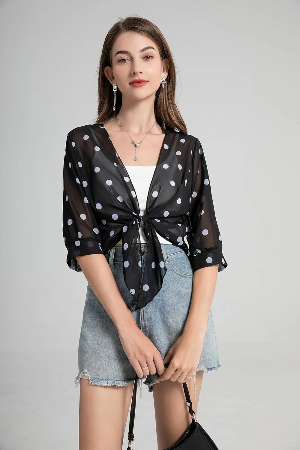Womens Bolero Shrug Soft Chiffon Tie Front Sheer 3/4 Sleeve Cropped Cardigans for Dress