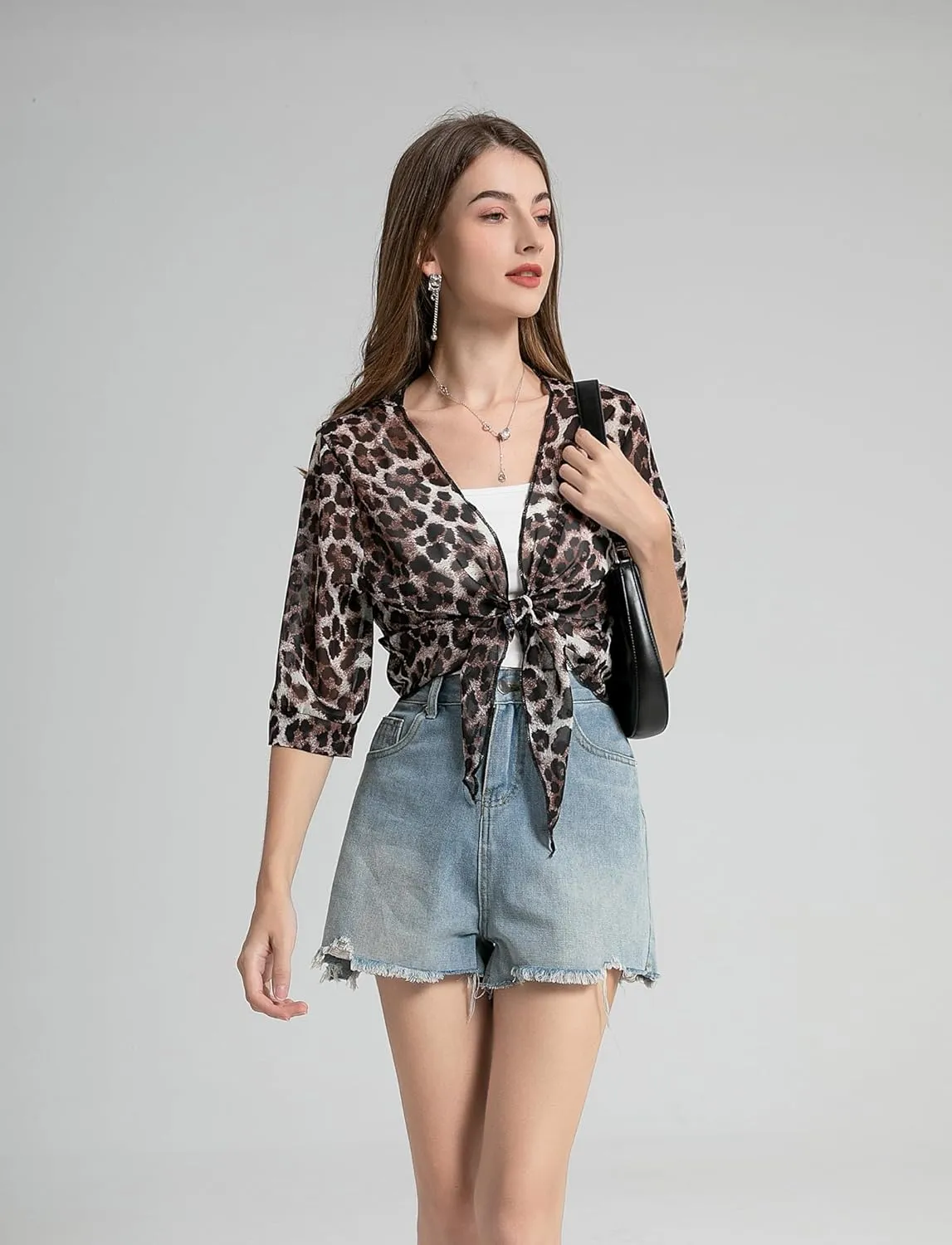 Womens Bolero Shrug Soft Chiffon Tie Front Sheer 3/4 Sleeve Cropped Cardigans for Dress