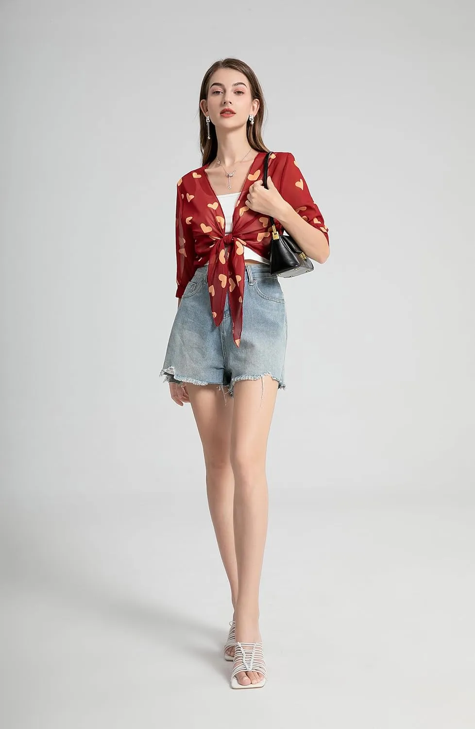 Womens Bolero Shrug Soft Chiffon Tie Front Sheer 3/4 Sleeve Cropped Cardigans for Dress