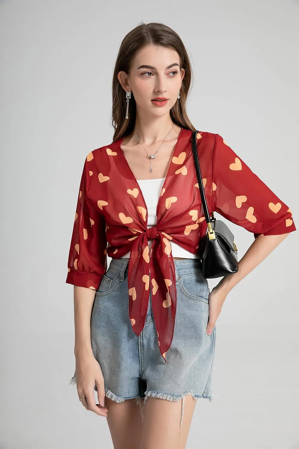 Womens Bolero Shrug Soft Chiffon Tie Front Sheer 3/4 Sleeve Cropped Cardigans for Dress