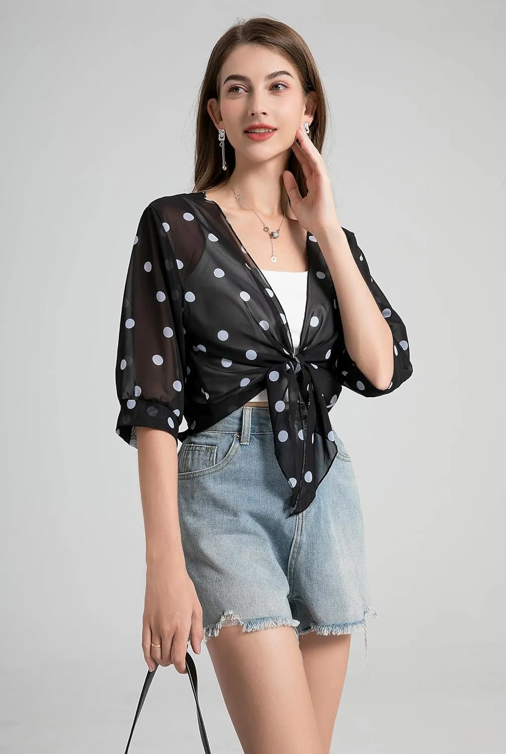 Womens Bolero Shrug Soft Chiffon Tie Front Sheer 3/4 Sleeve Cropped Cardigans for Dress