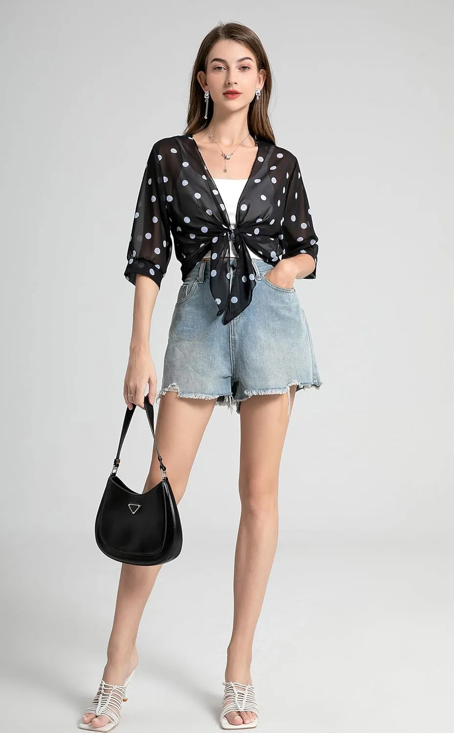 Womens Bolero Shrug Soft Chiffon Tie Front Sheer 3/4 Sleeve Cropped Cardigans for Dress