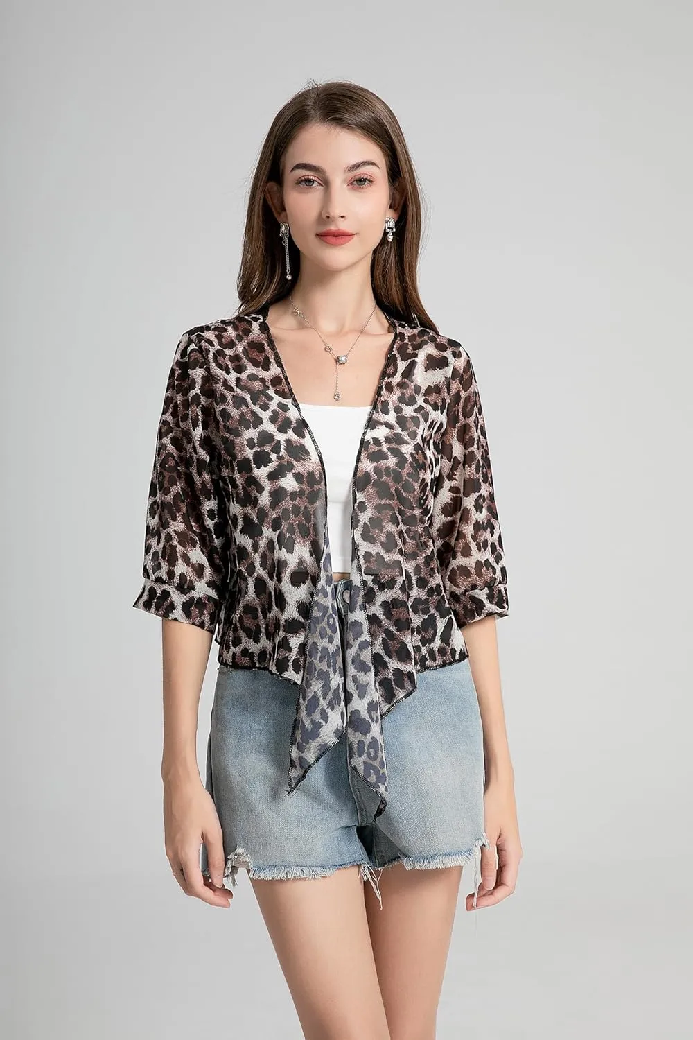 Womens Bolero Shrug Soft Chiffon Tie Front Sheer 3/4 Sleeve Cropped Cardigans for Dress
