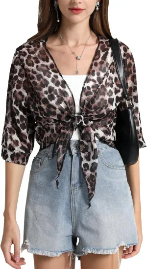 Womens Bolero Shrug Soft Chiffon Tie Front Sheer 3/4 Sleeve Cropped Cardigans for Dress