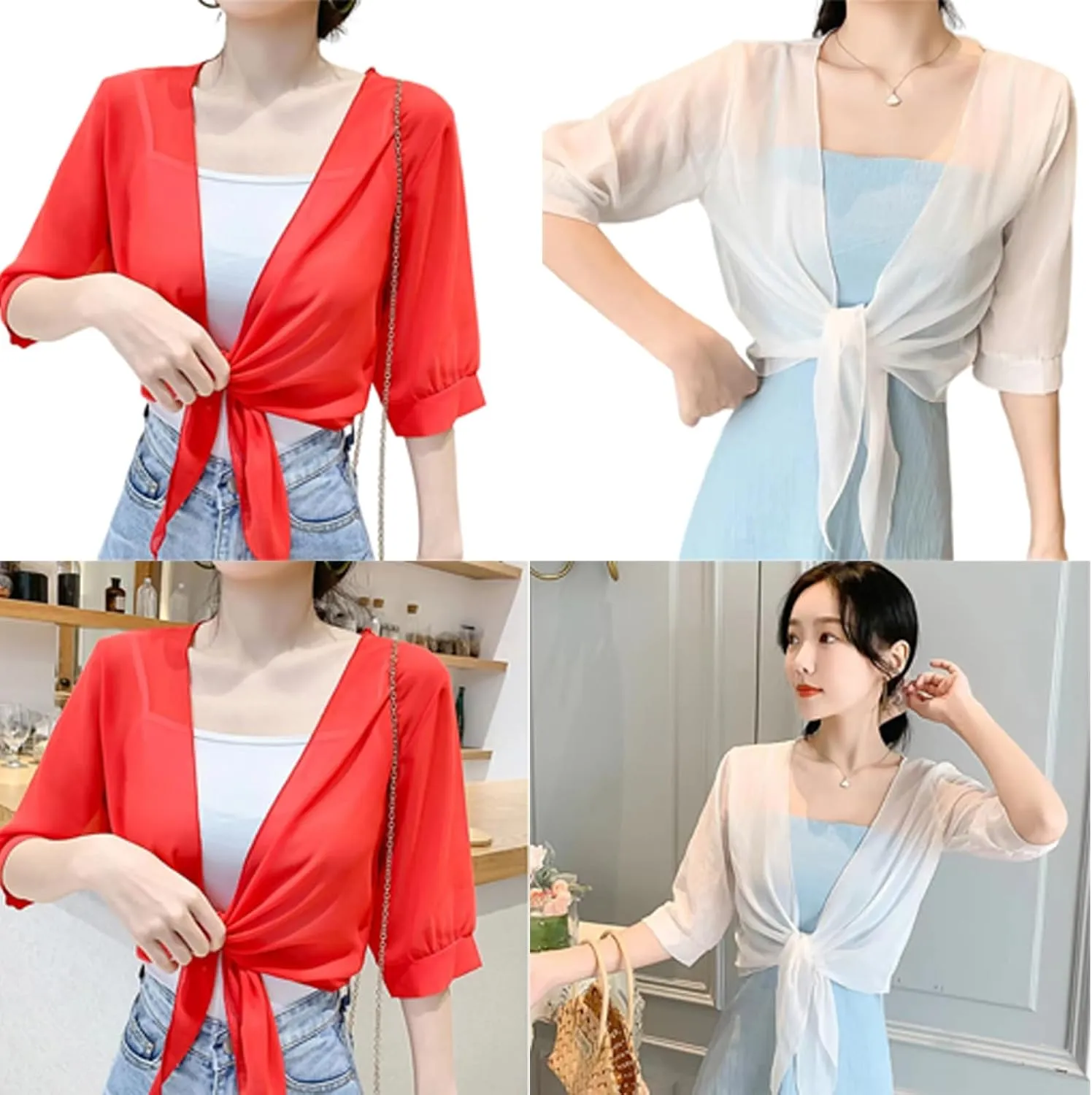 Womens Boleros Shrug Soft Chiffons Shawl Wrap Sheer Short Sleeve Open Front Tie Cropped Cardigans for Evening Dress