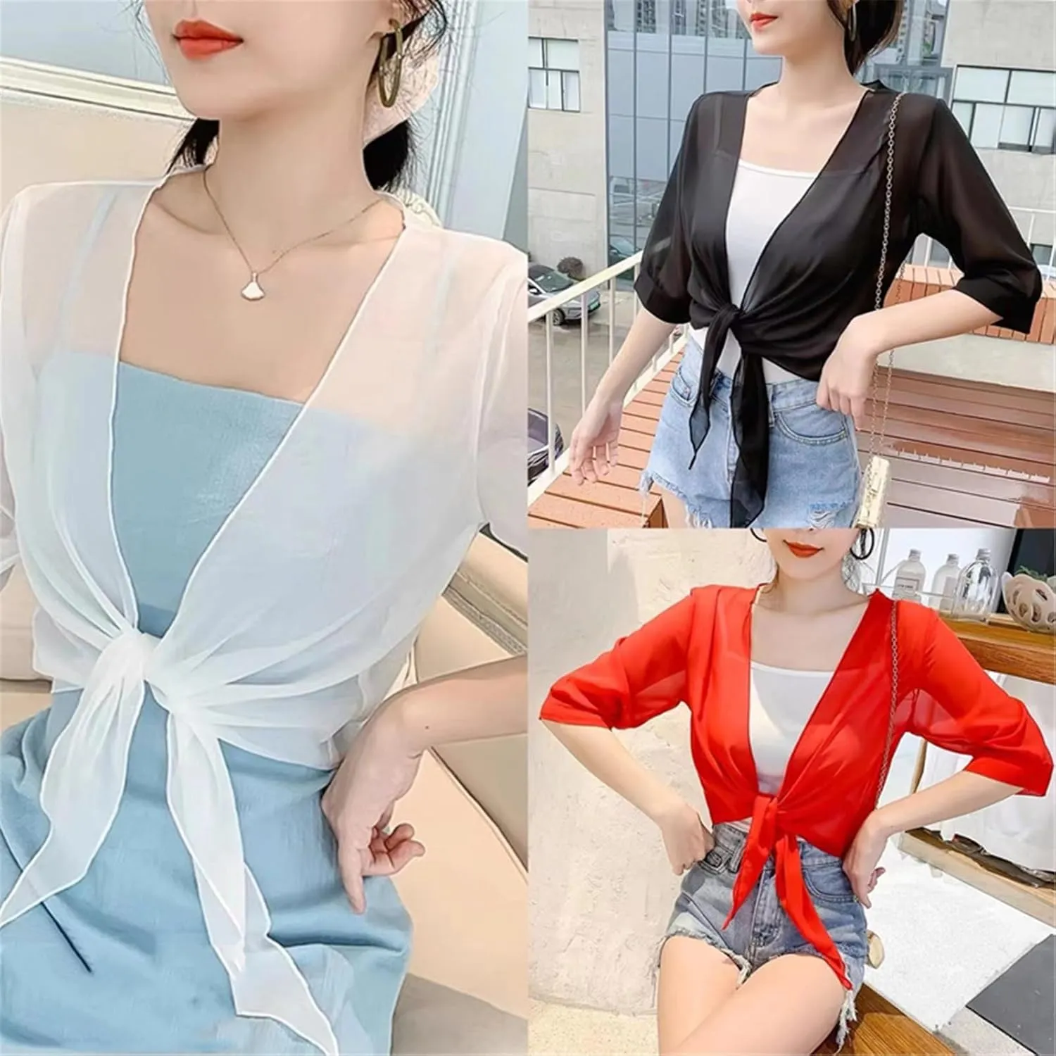 Womens Boleros Shrug Soft Chiffons Shawl Wrap Sheer Short Sleeve Open Front Tie Cropped Cardigans for Evening Dress
