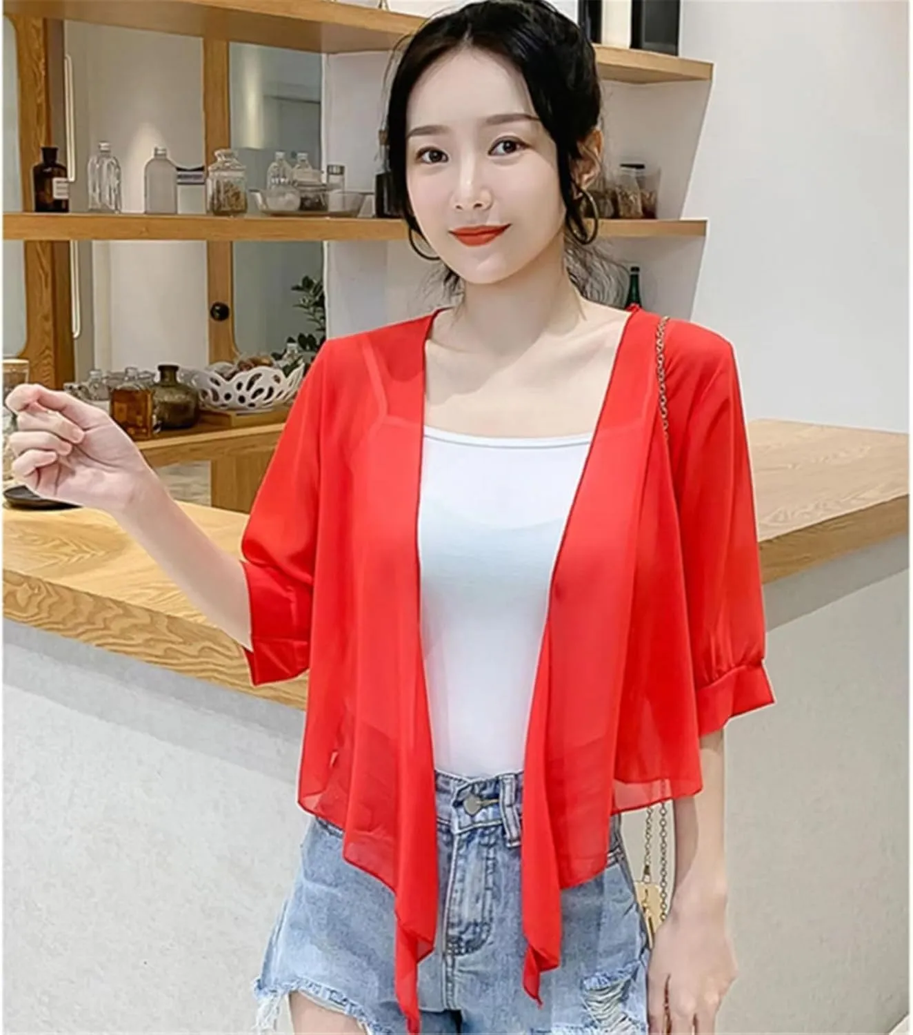 Womens Boleros Shrug Soft Chiffons Shawl Wrap Sheer Short Sleeve Open Front Tie Cropped Cardigans for Evening Dress