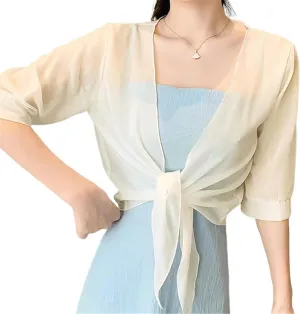 Womens Boleros Shrug Soft Chiffons Shawl Wrap Sheer Short Sleeve Open Front Tie Cropped Cardigans for Evening Dress