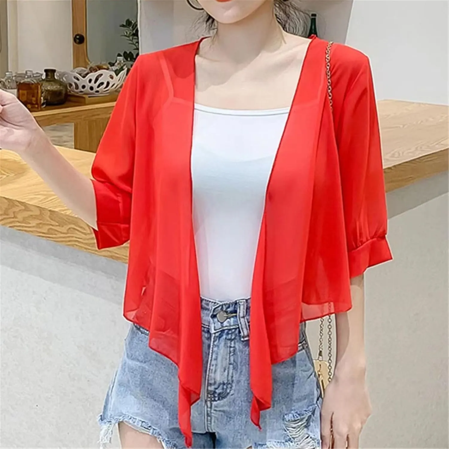 Womens Boleros Shrug Soft Chiffons Shawl Wrap Sheer Short Sleeve Open Front Tie Cropped Cardigans for Evening Dress