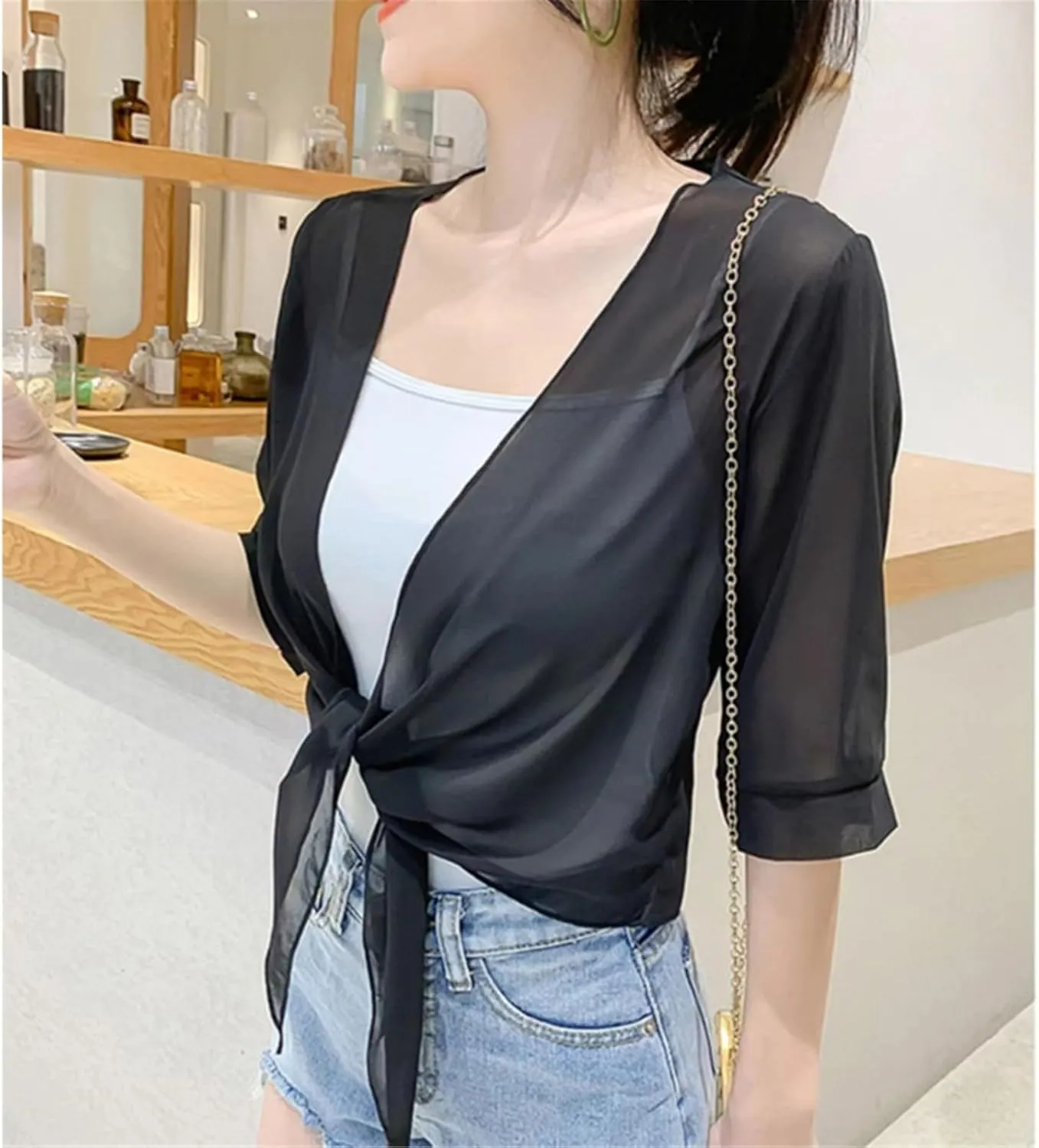 Womens Boleros Shrug Soft Chiffons Shawl Wrap Sheer Short Sleeve Open Front Tie Cropped Cardigans for Evening Dress