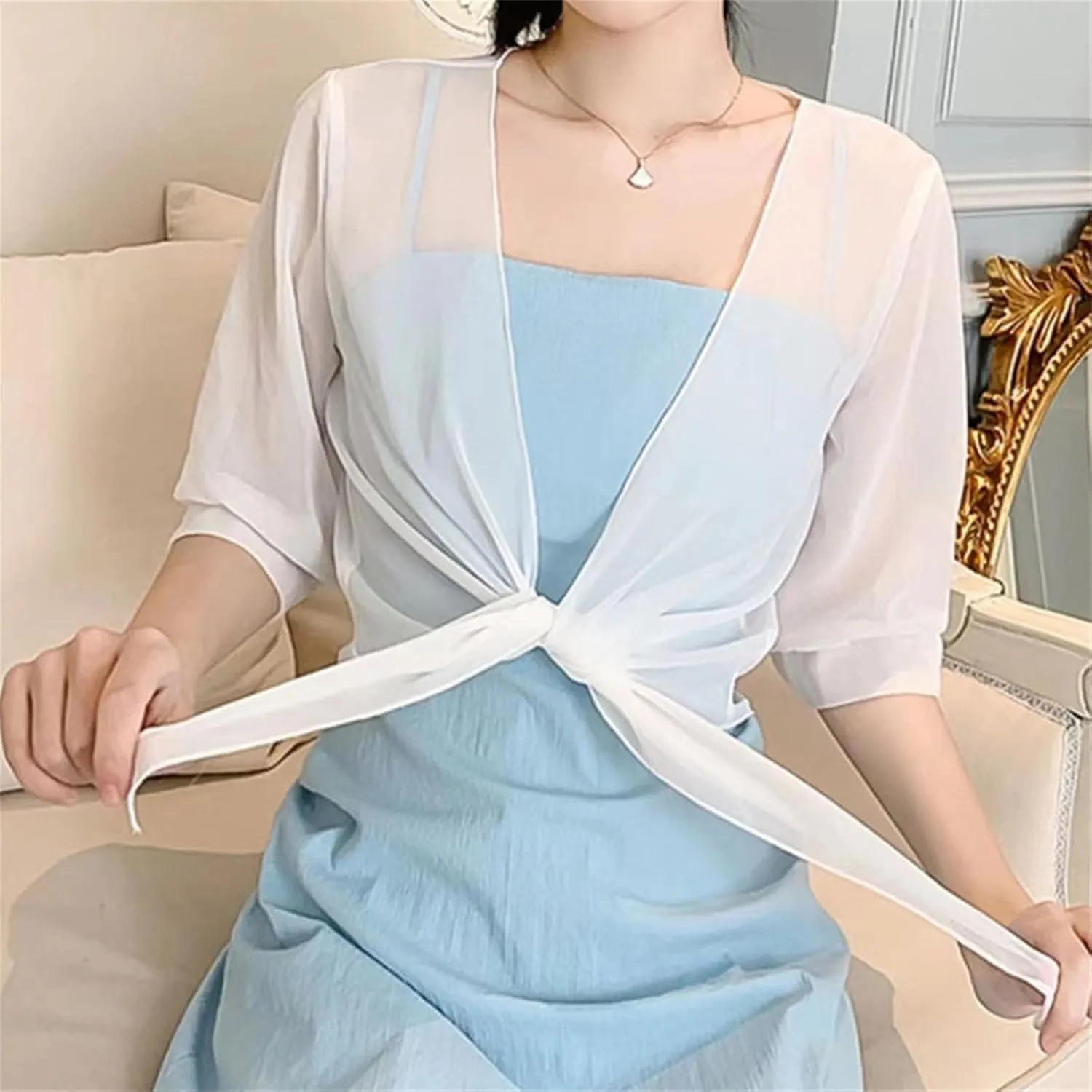 Womens Boleros Shrug Soft Chiffons Shawl Wrap Sheer Short Sleeve Open Front Tie Cropped Cardigans for Evening Dress