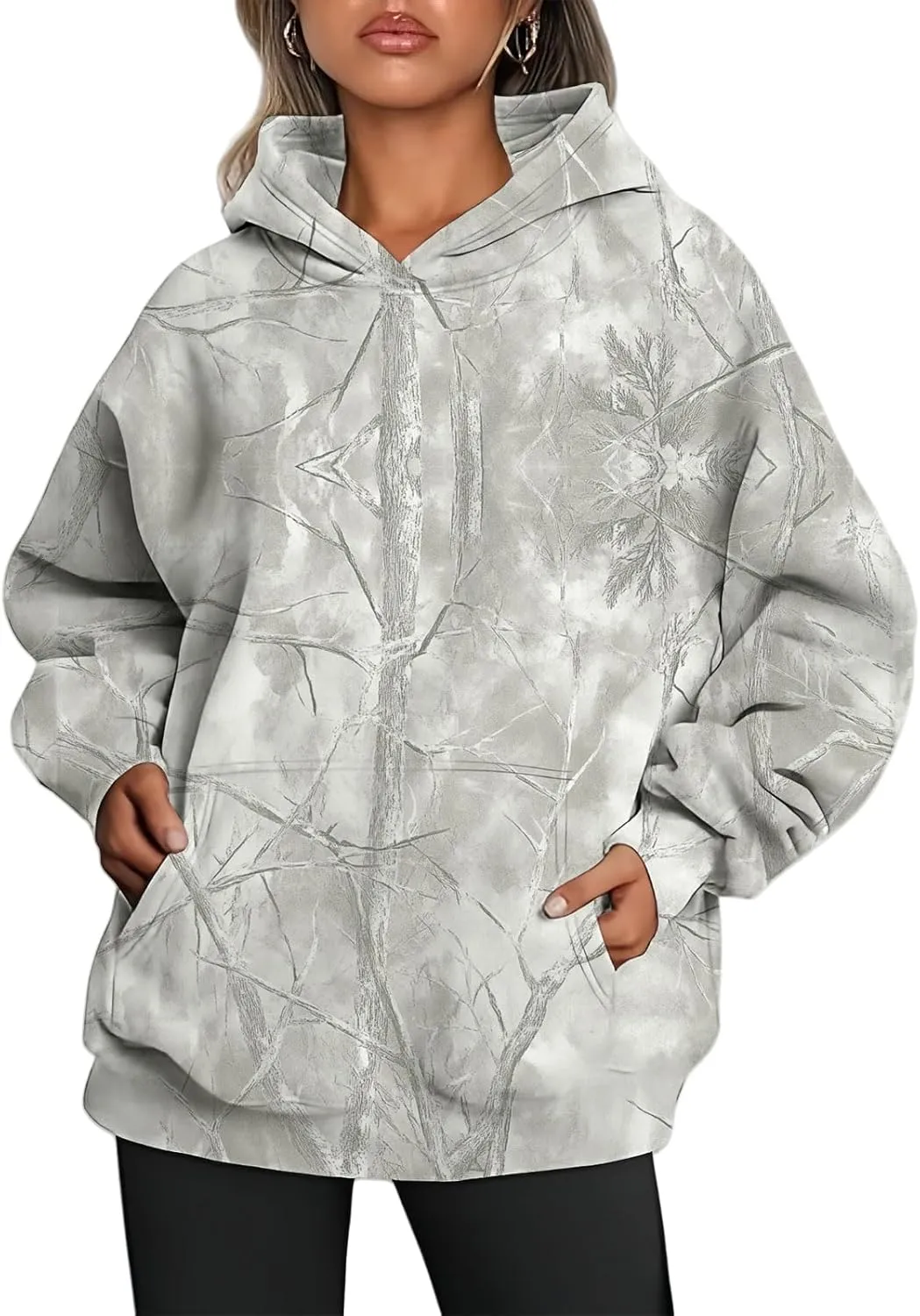 Women's Camo Hoodie Maple Leaf Print Oversized Hooded Sweatshirt Fleece Casual Long Sleeve Pullover Sweatshirts with Pockets