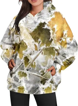 Women's Camo Hoodie Maple Leaf Print Oversized Hooded Sweatshirt Fleece Casual Long Sleeve Pullover Sweatshirts with Pockets