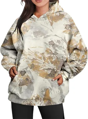 Women's Camo Hoodie Maple Leaf Print Oversized Hooded Sweatshirt Fleece Casual Long Sleeve Pullover Sweatshirts with Pockets