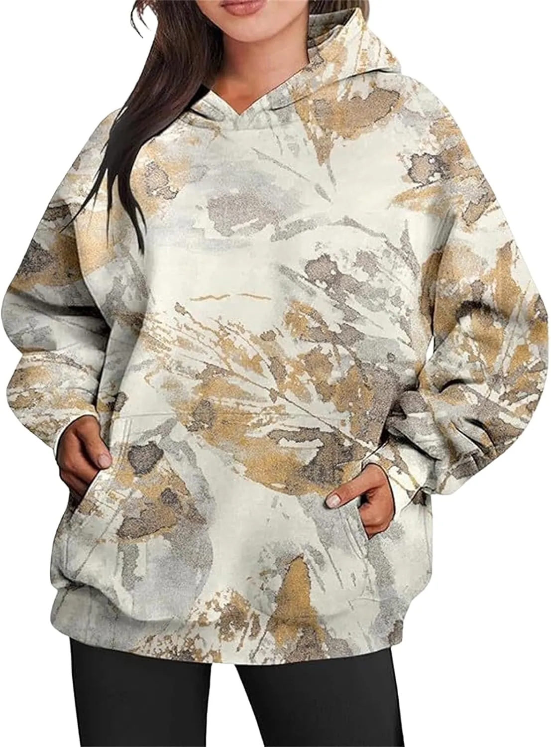 Women's Camo Hoodie Maple Leaf Print Oversized Hooded Sweatshirt Fleece Casual Long Sleeve Pullover Sweatshirts with Pockets