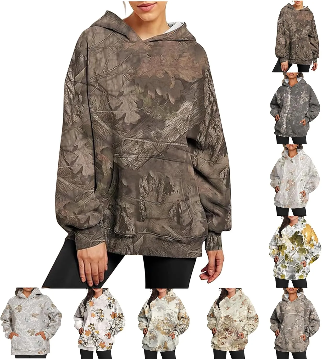 Women's Camo Hoodie Maple Leaf Print Oversized Hooded Sweatshirt Fleece Casual Long Sleeve Pullover Sweatshirts with Pockets